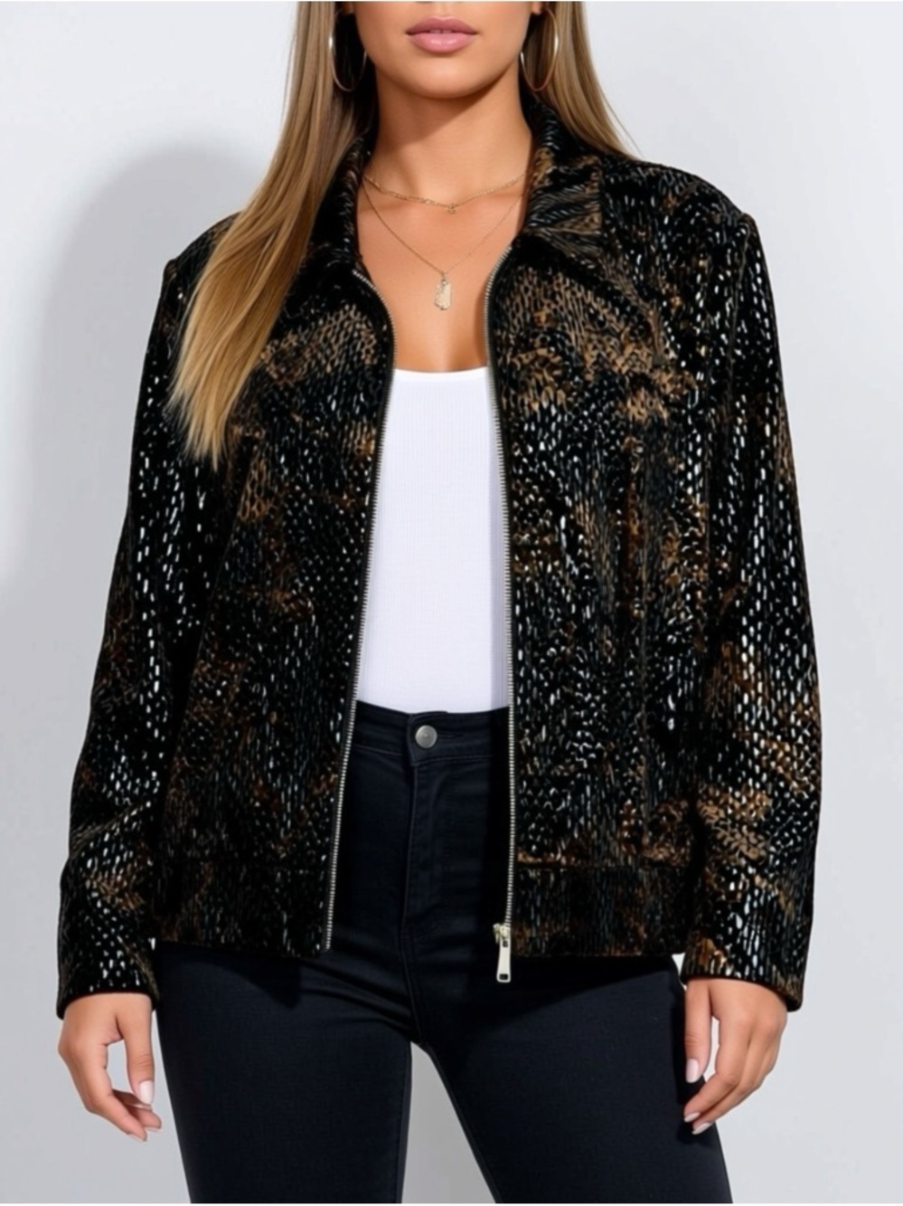 Vintage Joseph Ribkoff Brown Blazer Full Zip Size 14 Shimmer Animal Print Velvet